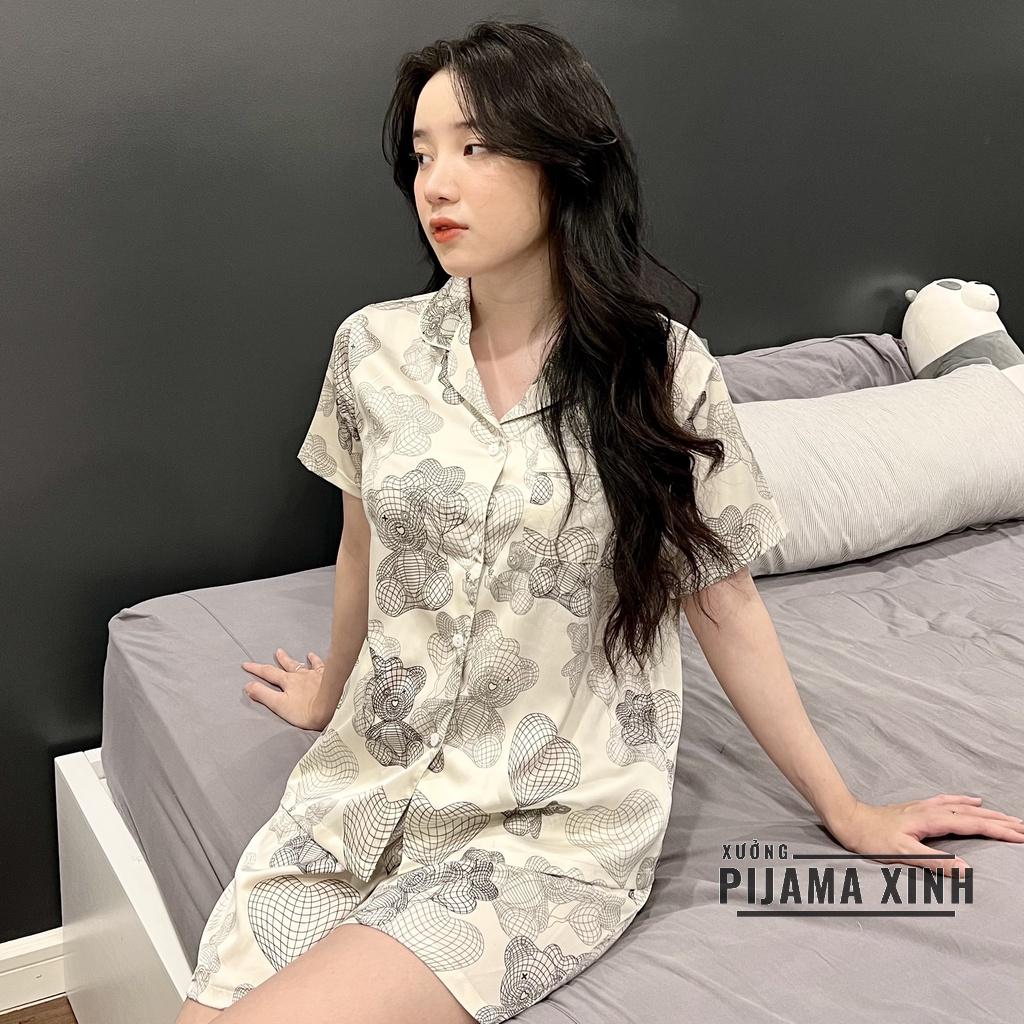 Đồ Bộ Nữ FREESHIP Bộ Đồ Ngủ Lụa pijama cộc tay mặc nhà họa tiết gấu trái tim dễ thương