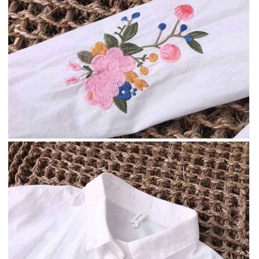 Áo sơ mi bằng cotton màu trắng thêu hoa phong cách Hàn Quốc