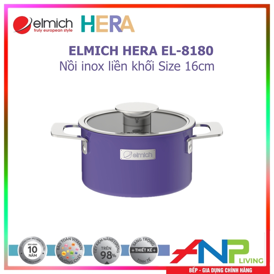 Nồi inox liền khối Elmich Hera Mầu Tím (Size 16cm/EL-8180, Size 18cm/EL-8181, Size 20cm/EL-8182, Size 22cm/EL-8183, Size 26cm/EL8184) - Hàng Chính Hãng