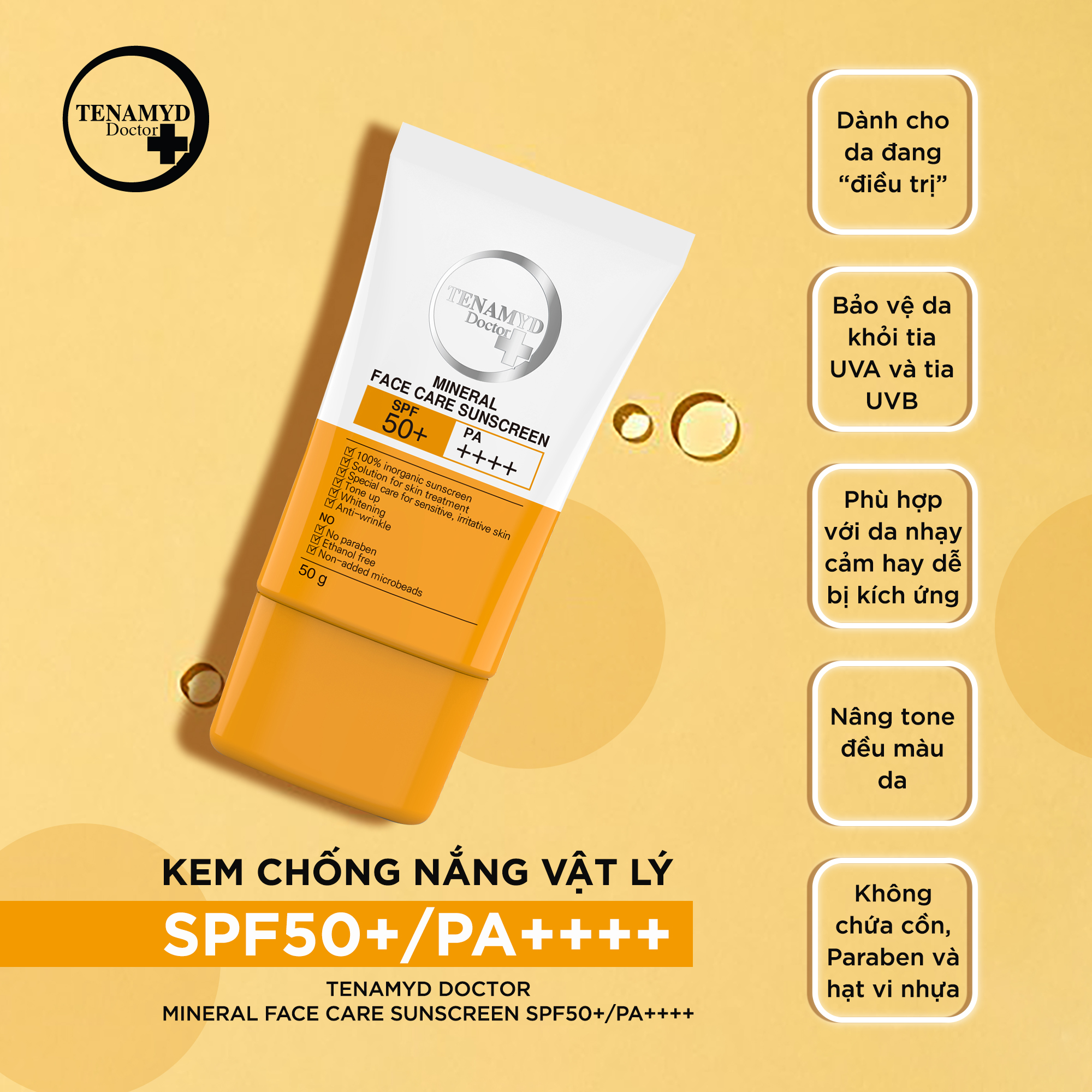 TENAMYD Kem chống nắng Vật Lý Doctor Mineral Face Care Sunscream SPF50+/PA++++ 50g nâng tone, dành cho da nhạy cảm, dễ kích ứng