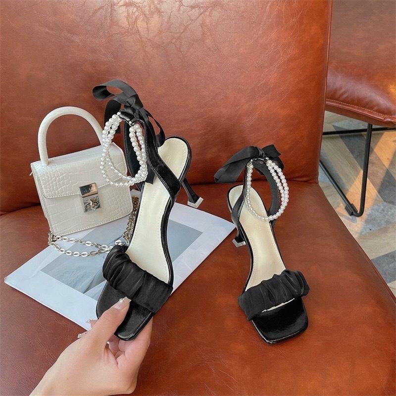 Giày sandal nữ cao gót 7cm quai nhún ngang FAROSA - S5 phối quai hậu dây buộc hạt ngọc