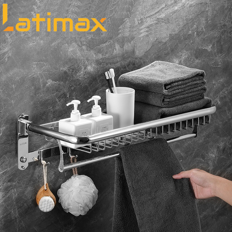 Giá treo khăn tắm Inox 304 Latimax VKT3 cao cấp - Máng treo khăn kèm móc quần áo đa năng