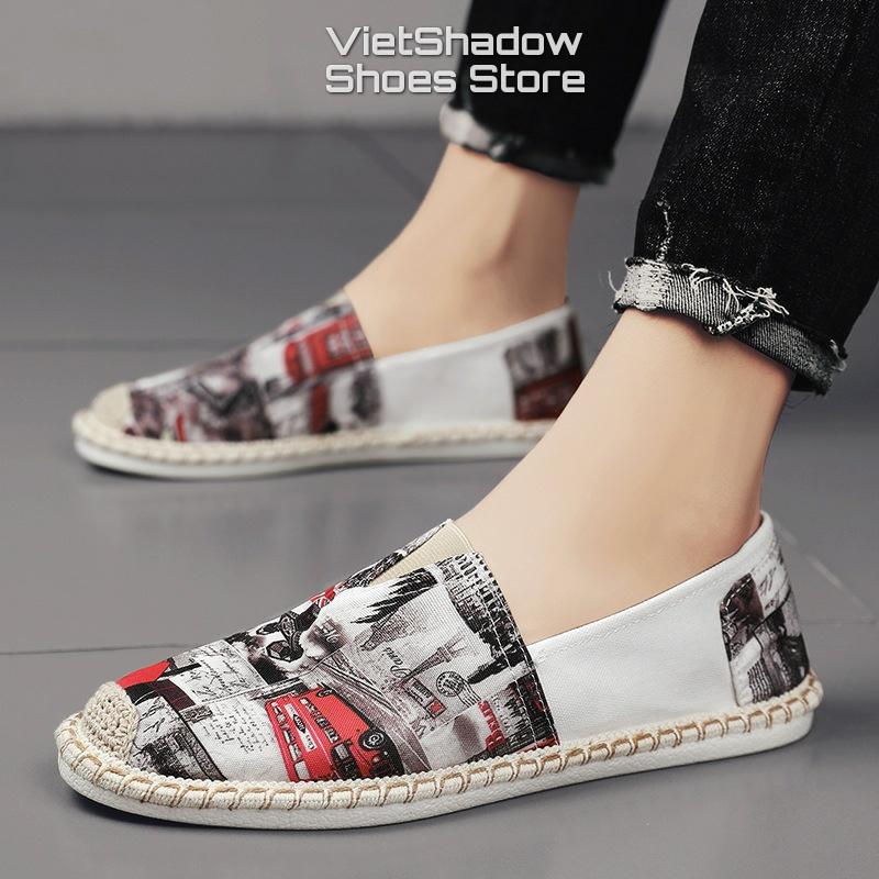 Giày lười vải nam in họa tiết - Slip on nam đế cói - Chất liệu vải bố cotton 2 màu đỏ và xám - Mã 2951