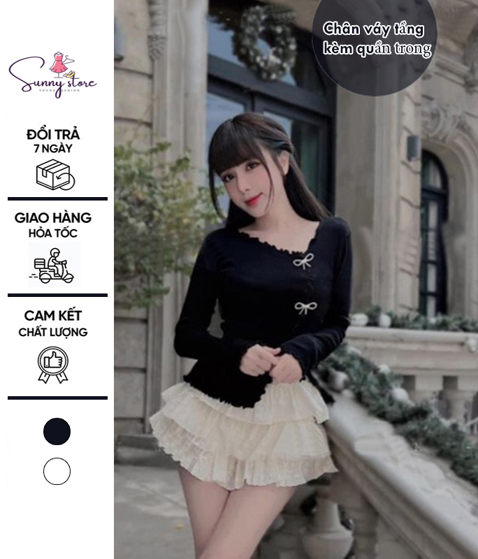 Sét áo Đen Cổ V Đính Đá Nơ + Chân Váy Tầng kèm quần trong