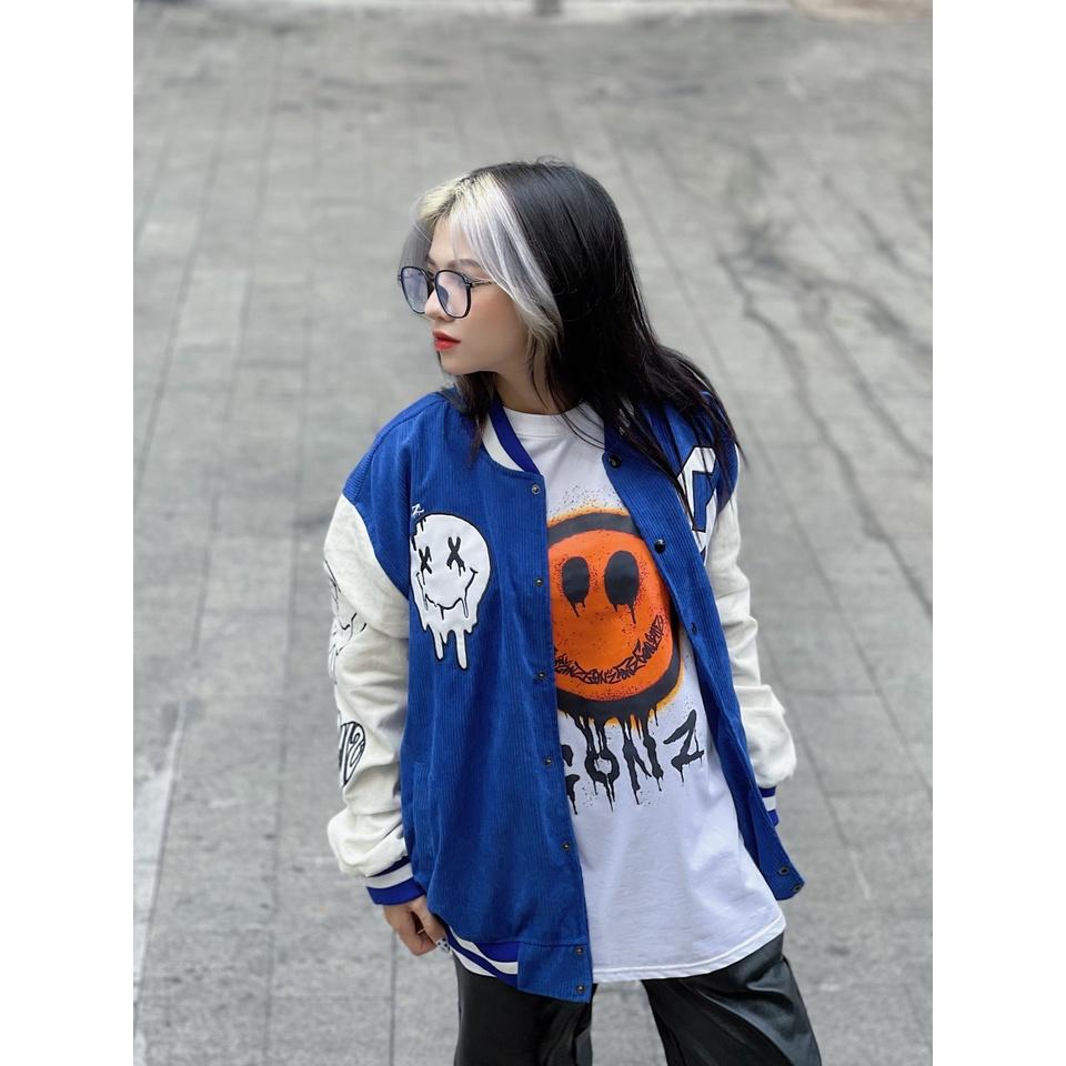 Áo Khóac Nhung Tăm Jacket Varsity FunFace Blue V13