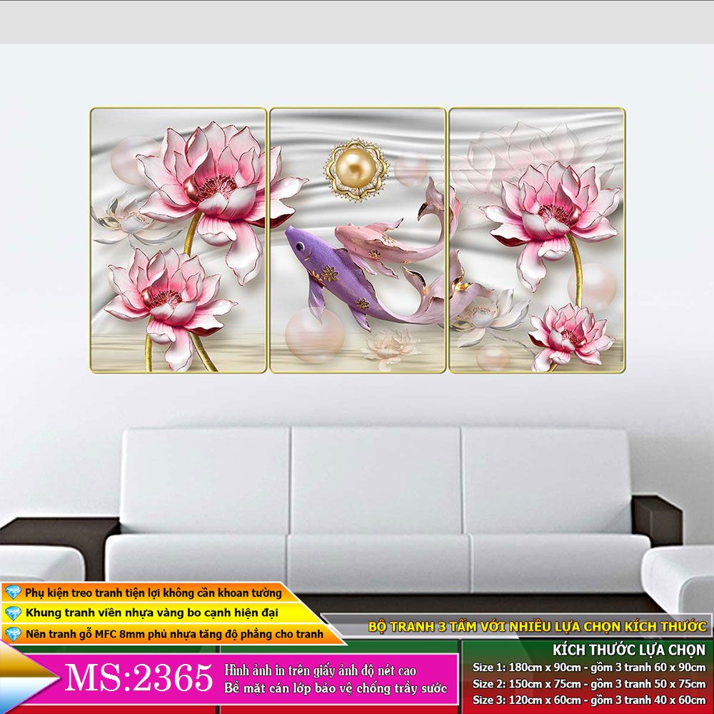 Tranh treo tường 3 tấm trang trí phòng khách, phòng ăn, phòng ngủ Cửu ngư quần hội: 2365L10