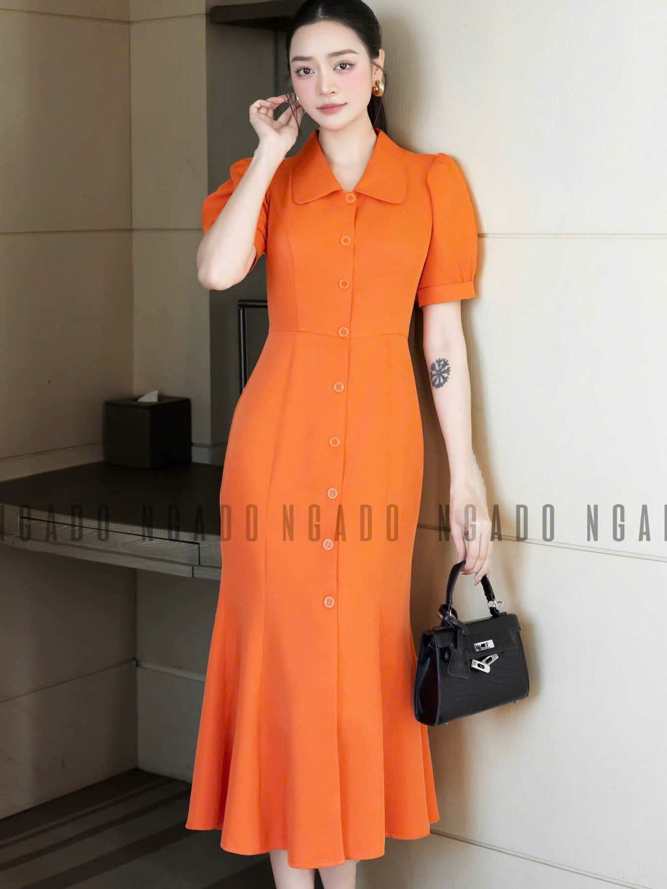 Đầm cam xẻ vạt NGADO , đầm dáng dài , đầm dự tiệc , công sở