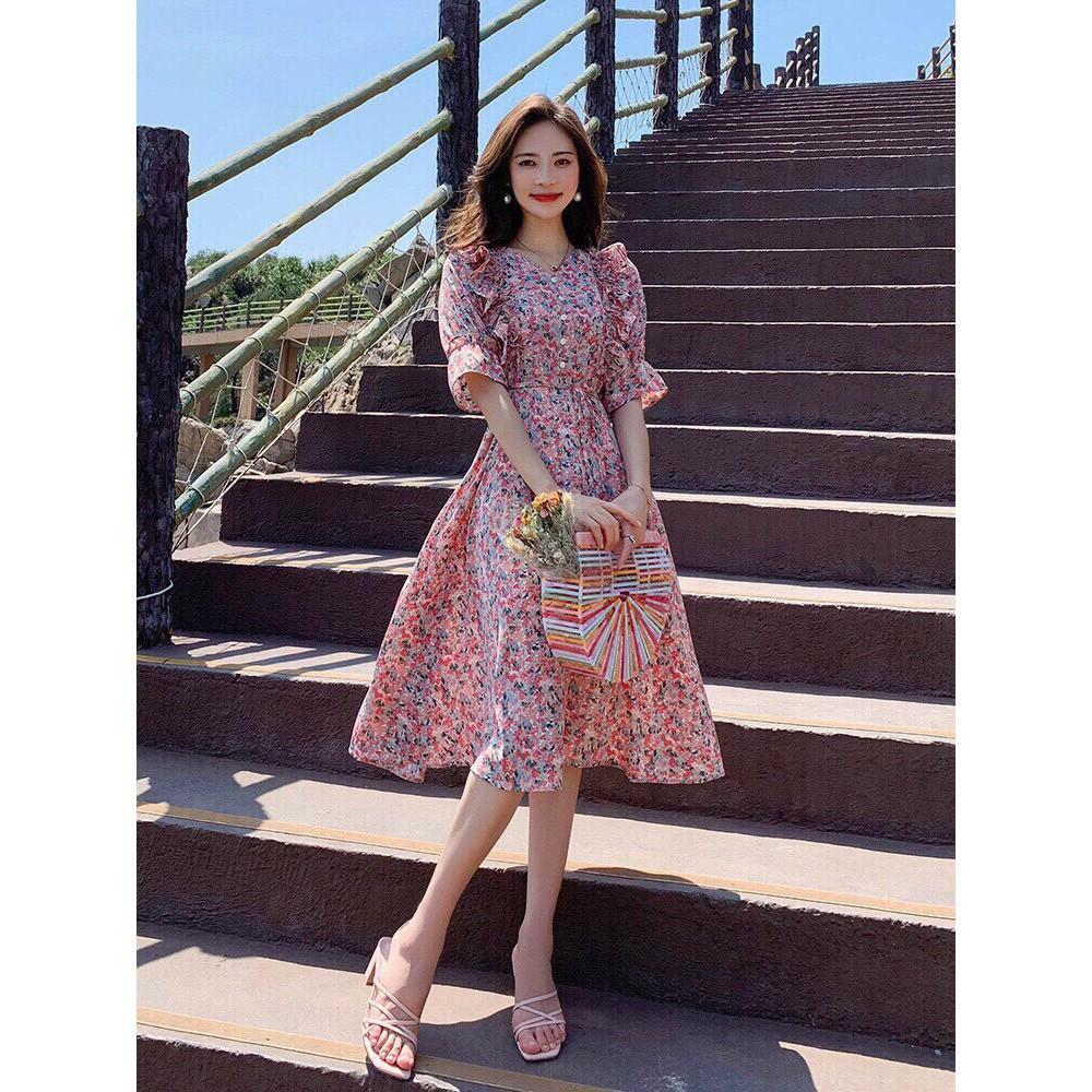 Váy Hoa Nhí Vintage Cổ V Tay Lỡ, Đầm Vintage Dáng Dài -Kieumytran93
