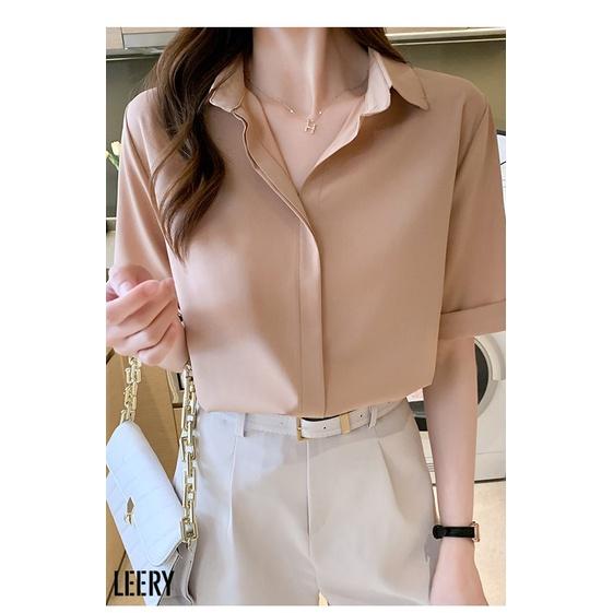 Áo sơ mi nữ công sở đẹp form rộng kiểu tay lỡ Hàn Quốc vải lụa cao cấp màu Đen Trắng Be Xanh form rộng LEERY S.M-02