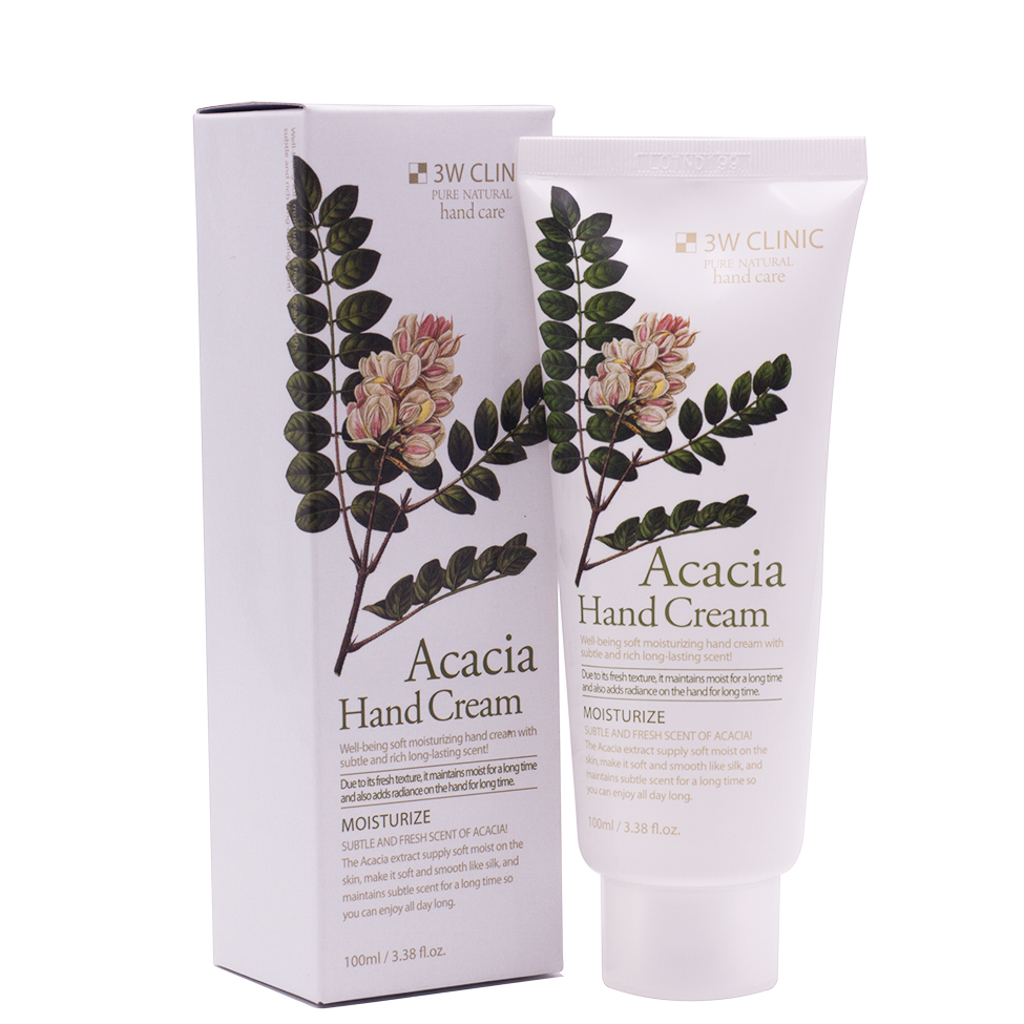 Kem dưỡng da tay thảo mộc Hàn Quốc cao cấp 3W Clinic Acacia Hand Cream (100ml) + Tặng Bông bọt biển massage mặt Hàn Quốc Aroma – Hàng Chính Hãng – Hàng Chính Hãng