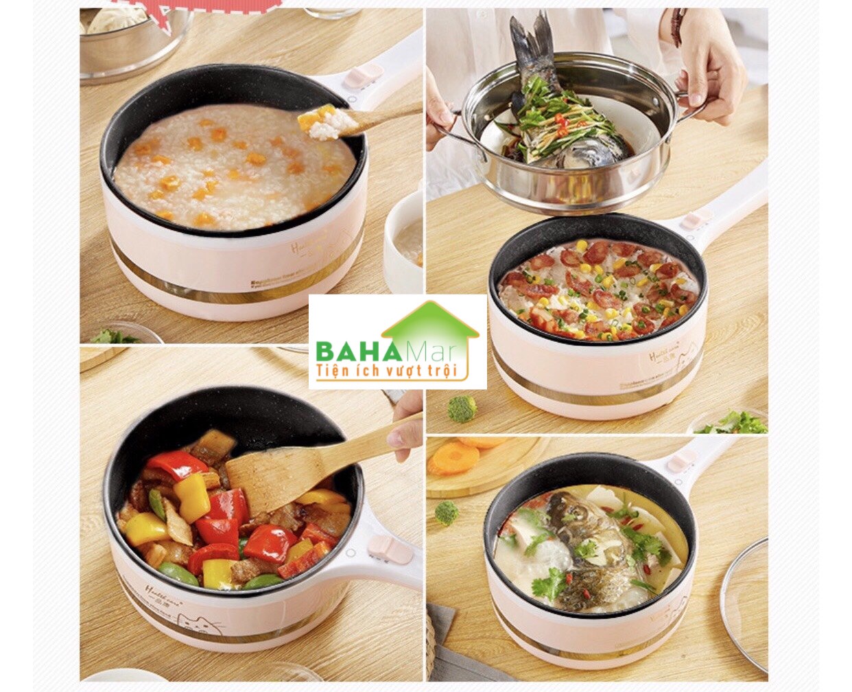 NỒI ĐIỆN ĐA NĂNG CHỐNG DÍNH "BAHAMAR" nấu cơm điện, lẩu điện, kho, và cả chiên rán rất tiện lợi, điện cắm từ tay cầm sáng tạo và đẹp