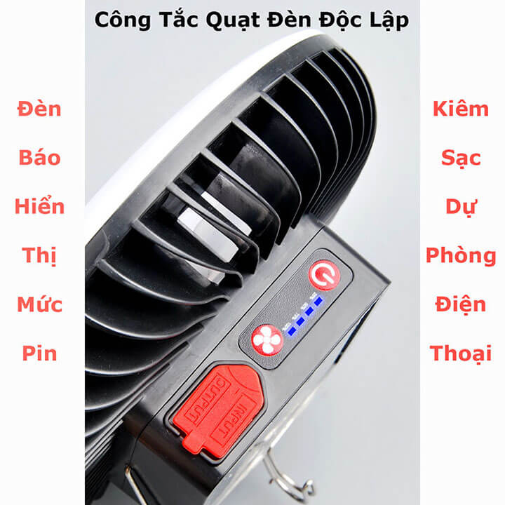 Quạt tích điện năng lượng mặt trời kiêm đèn cắm trại dã ngoại, đèn cắm trại dã ngoại có chân đế và móc treo ND-2608