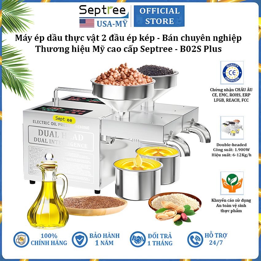 Máy ép dầu ăn thực vật 2 đầu kép đa năng thương hiệu Mỹ cao cấp Septree B02S Plus - Công suất 1900W - Hàng chính hãng
