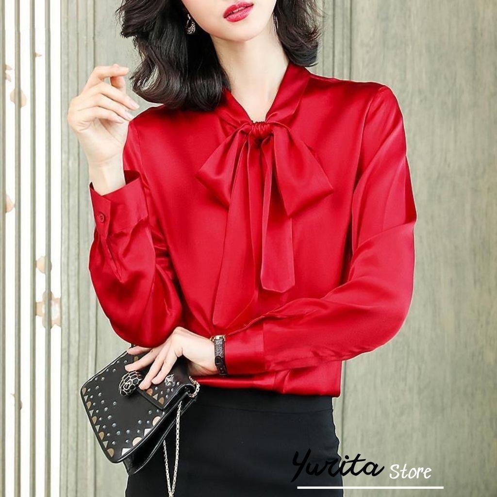 Áo Sơ Mi Kiểu Công Sở Đẹp YURITA Tay Dài Cổ Thắt Nơ Màu Đỏ Chất Lụa Cao Cấp From Rộng Hàn Quốc Ulzzang Vintage A1D
