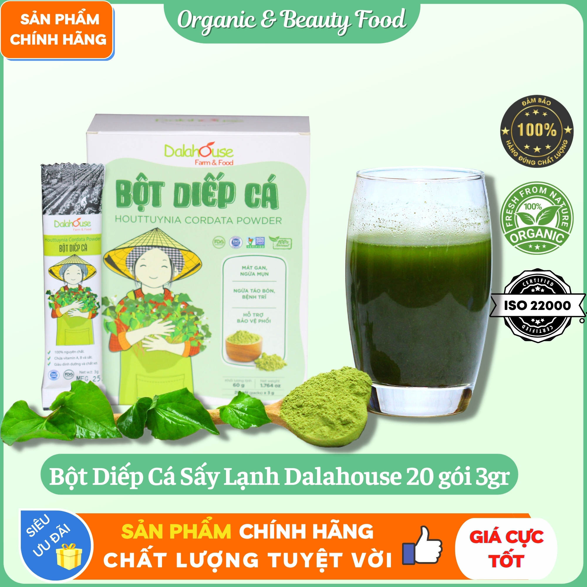 Bột Diếp Cá Hữu Cơ Sấy Lạnh Nguyên Chất Dalahouse - Hộp 20 gói 3gr - Ngừa táo bón, bệnh trĩ - Mát gan, ngừa mụn, hỗ trợ bệnh phổi