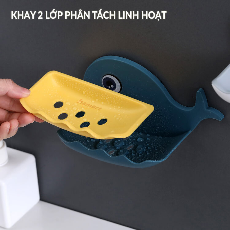 Khay Xà Phòng Treo Tường Cá Voi 2 Lớp Đựng Xà Bông Có Lỗ Thoát Nước Kèm Miếng Dán Siêu Dính