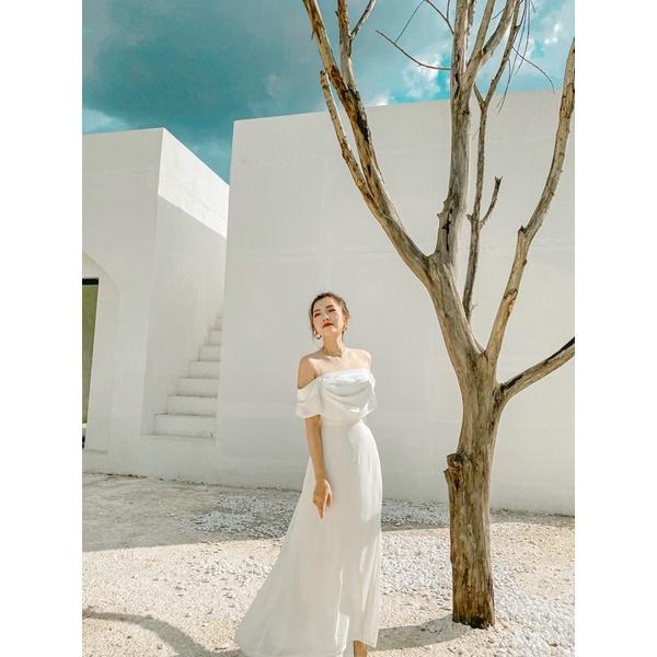Sandra Dress | Đầm trễ vai xếp ly phối ngọc Story.clothes thời trang nữ