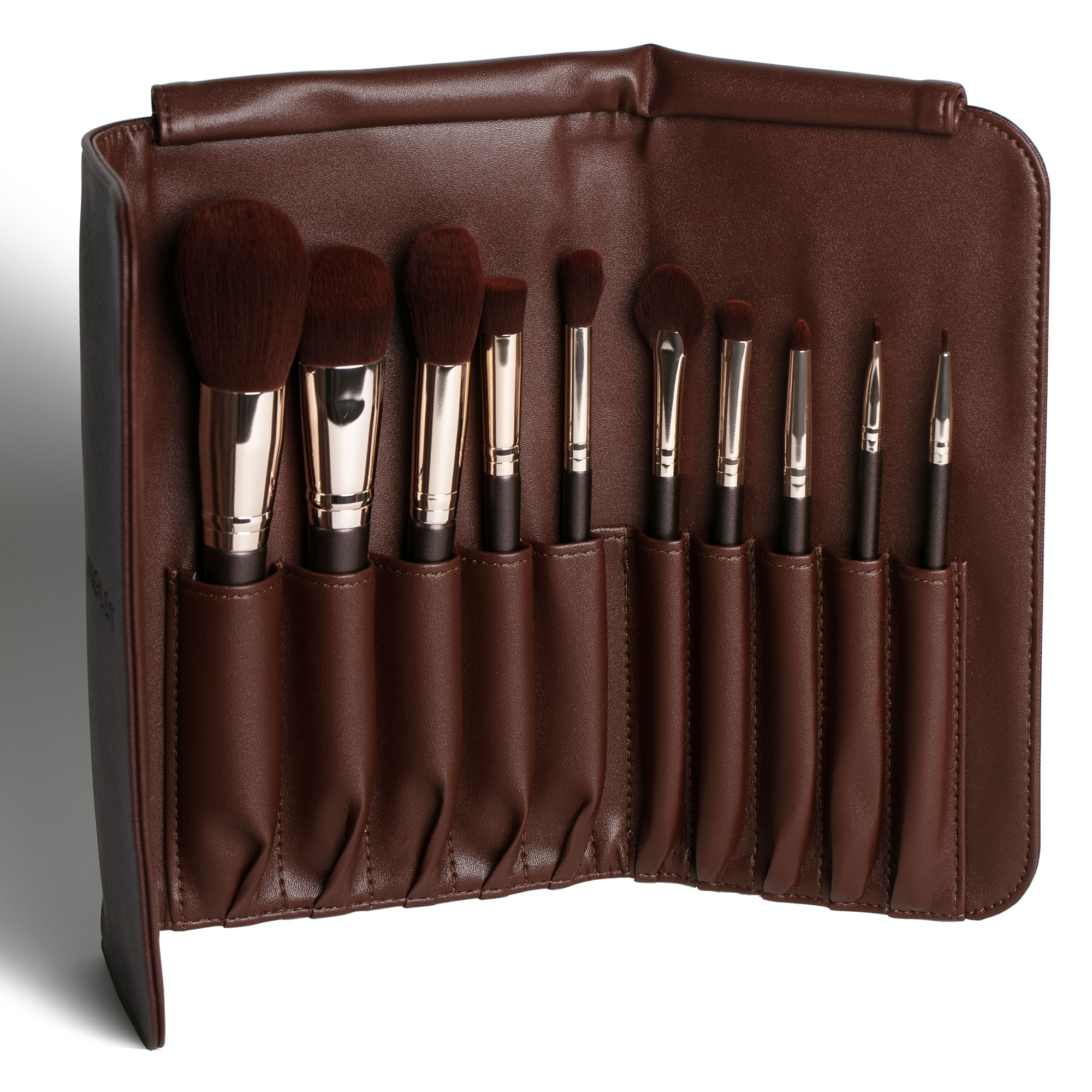 Bộ 10 Cọ trang điểm chuyên nghiệp kèm bao da - nâu Chocolate Set in A case INGLOT