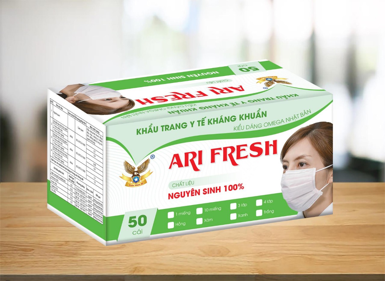 Khẩu trang y tế cao cấp 4 lớp kháng khuẩn chống thấm  Ari Fresh (hộp 50 cái)