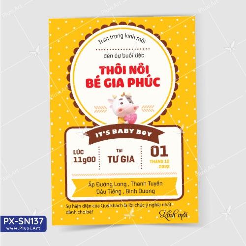 Thiệp thôi nôi – sinh nhật Pluxi bé Trai tuổi Sửu - Trâu - PX_SN137