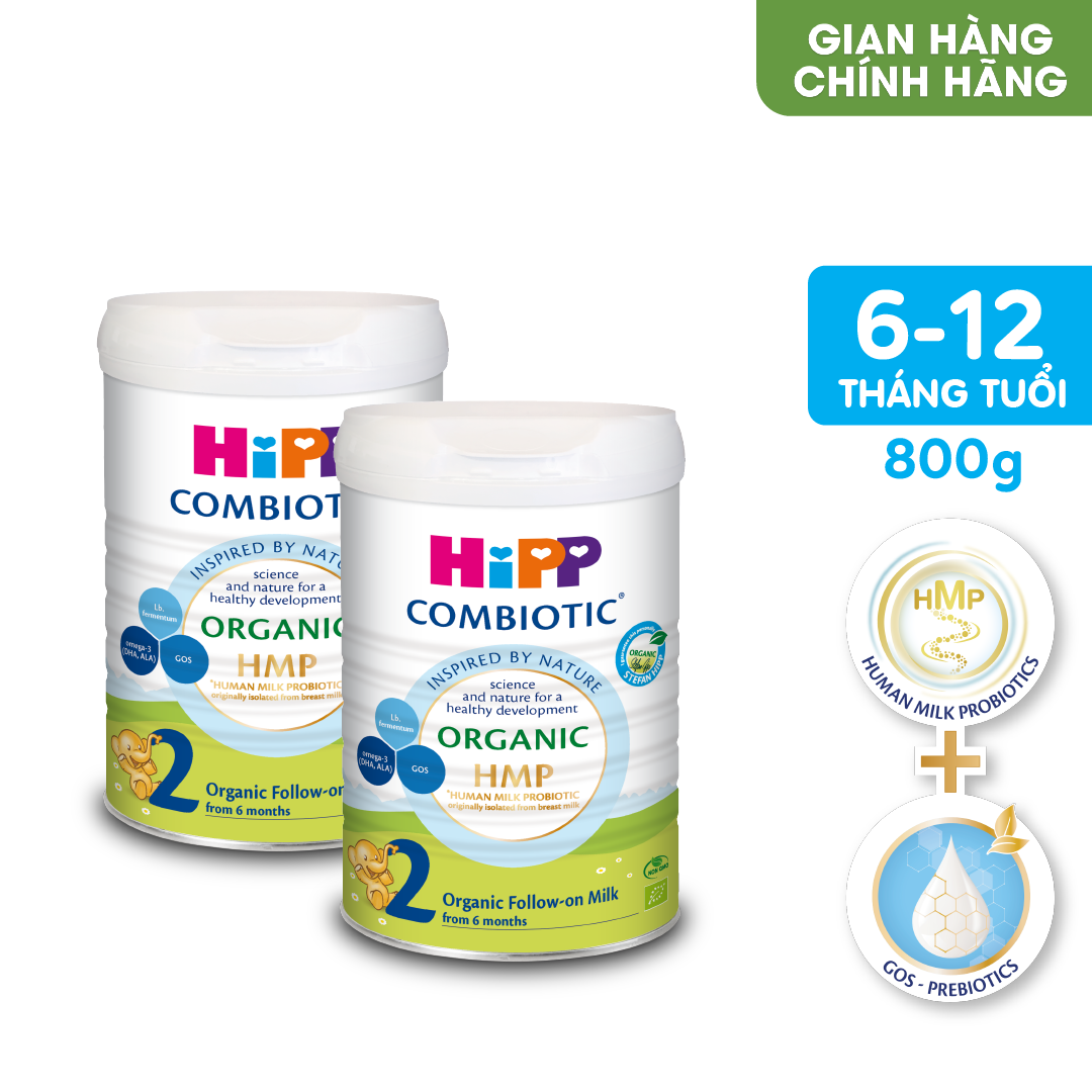 Combo 2 lon sữa bột dinh dưỡng công thức HiPP 2 Organic Combiotic chất lượng hữu cơ tự nhiên an toàn, bổ sung Omega 3 (DHA & ALA) dành cho trẻ từ 6 đến 12 tháng tuổi (2 lon x 800g)