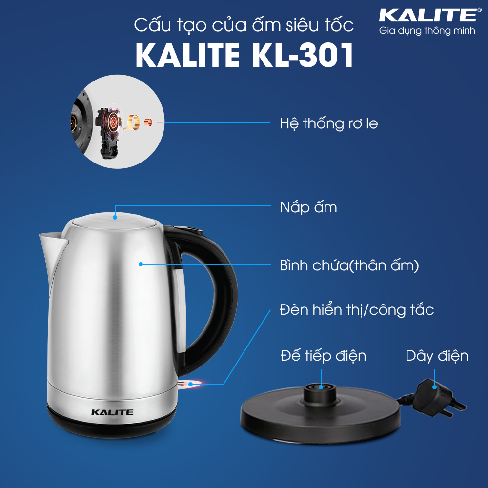 Ấm đun nước siêu tốc Kalite KL 301, dung tích 1.7L, công suất 1850W, 3 chế độ tự ngắt điện an toàn, hàng chính hãng