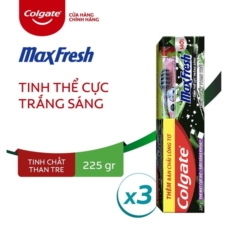 Bộ 3 Kem đánh răng Maxfresh Bamboo Charcoal 225g kèm bàn chải lông tơ phủ than