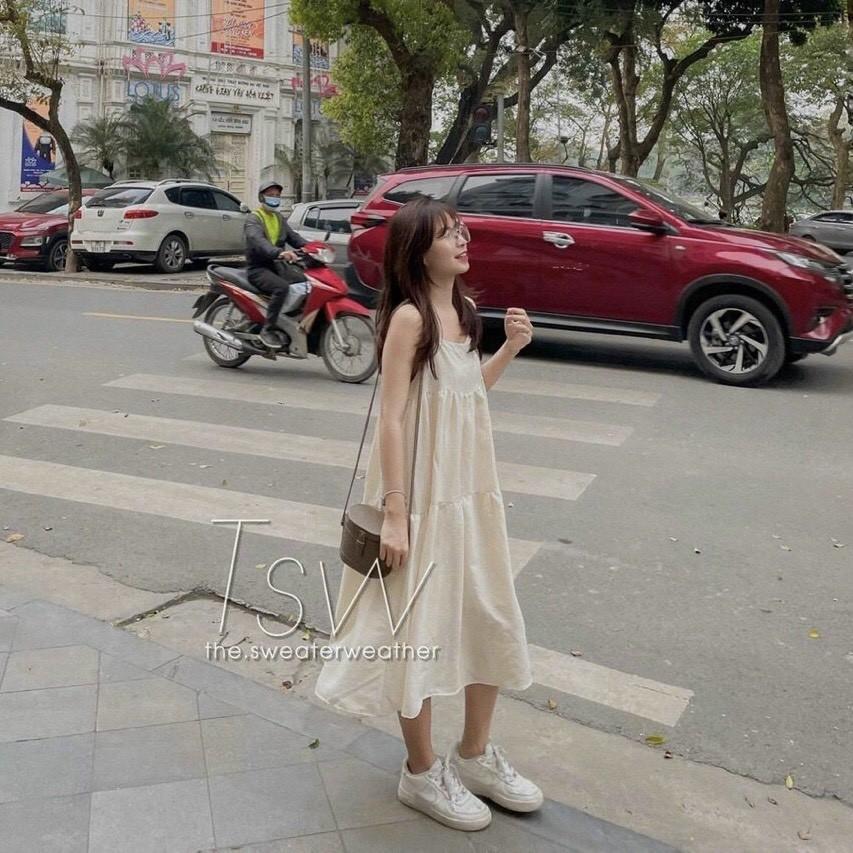 Đầm Babydoll 2 Dây Trắng Vãi Xốp Váy 2 Dây Trắng Dáng Bầu LANI SHOP
