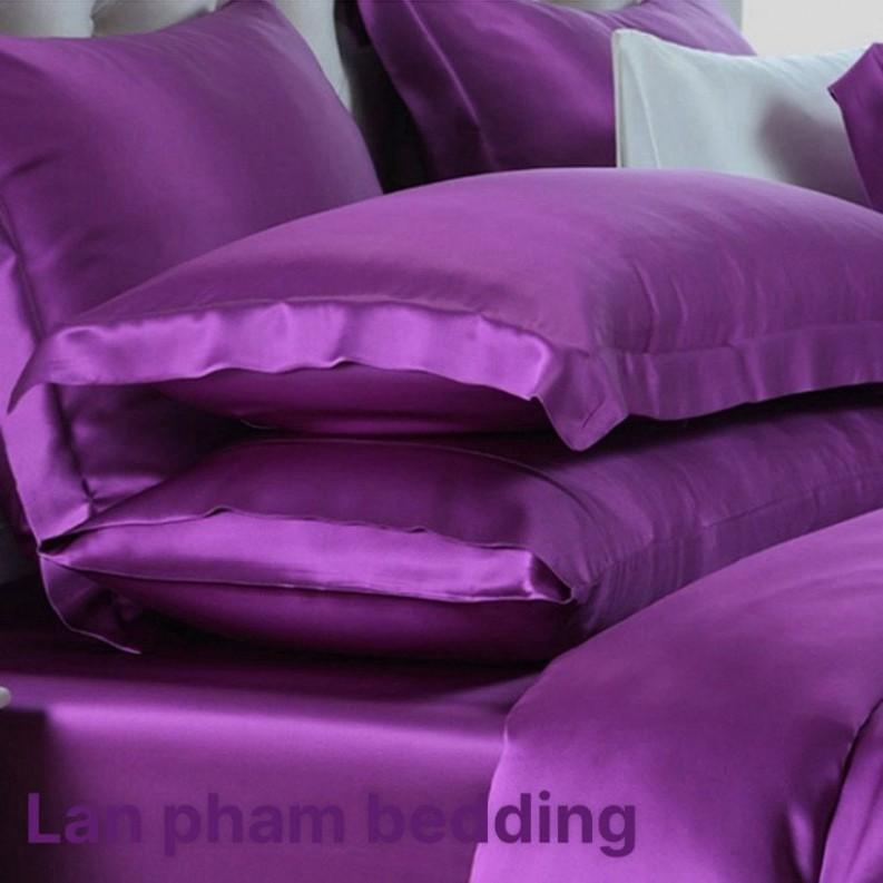 Bộ 4 Món Ga Gối Phi Lụa Thương hiệu LAN PHAM BEDDING Mát Mịn - Màu Tím Đậm
