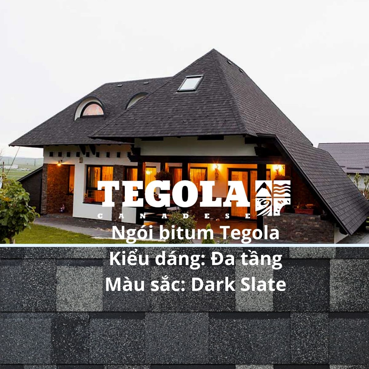 Tấm lợp bitum Tegola Đa tầng Dark Slate - tấm dán phủ đá cao cấp từ nhà máy Ý cho mái biệt thự, nhà phố, nhà gỗ, nhà tiền chế, bungalow - 2m2/gói