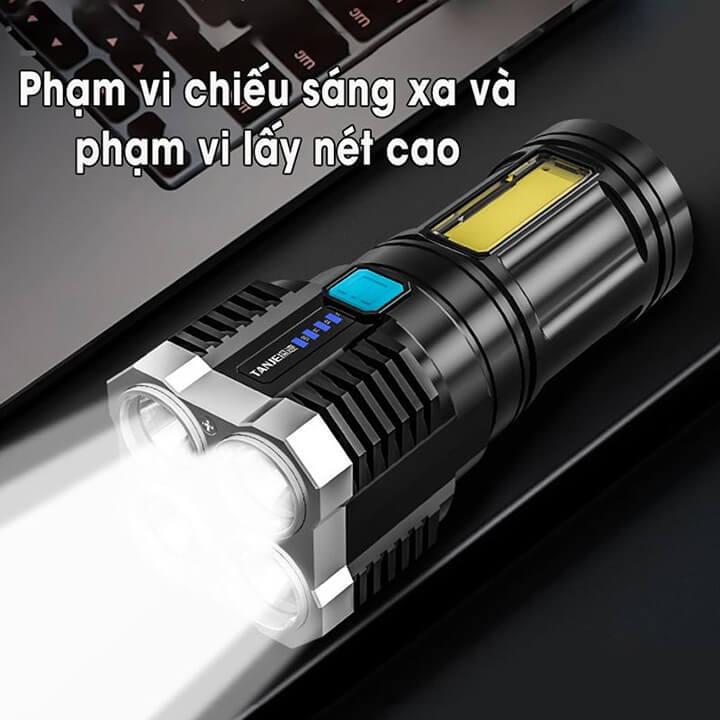 Đèn pin cầm tay 4 bóng đèn LED siêu sáng, chiếu xa 100 mét, đèn chống nước kèm 4 chế độ sáng tiện lợi