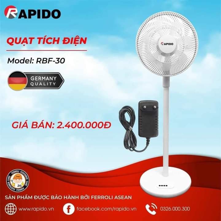 QUẠT TÍCH ĐIỆN RAPIDO - RbF-30 Không lo mất điện cả nhà ơi