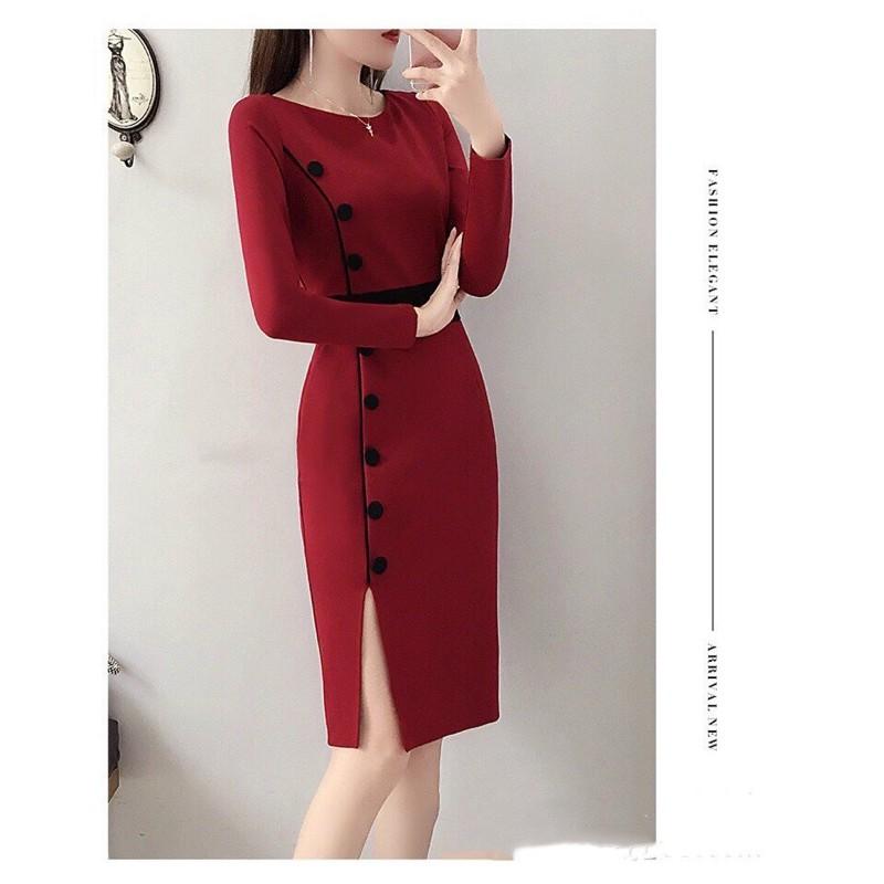 ĐẦM ÔM ĐỎ TAY DÀI NÚT BỌC
