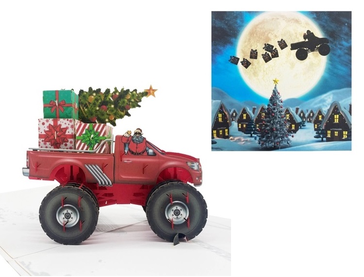 X35 -  THIỆP NOEL 3D XE BÁN TẢI “MONSTER TRUCK” CHỞ QUÀ &amp; CÂY THÔNG – MERRY CHRISTMAS