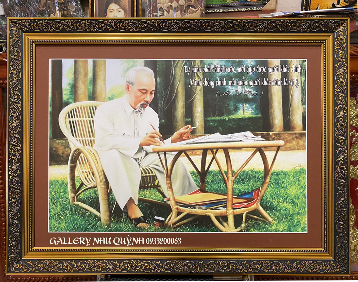 Tranh in dầu, Bác Hồ ngồi làm việc trong vườn hoa -IN189