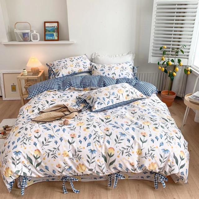Set Chăn Ga Gối Cotton Dây Nơ Hàn Quốc Hàng Nhập Khẩu Cao Cấp 4 Món Hoa Xanh