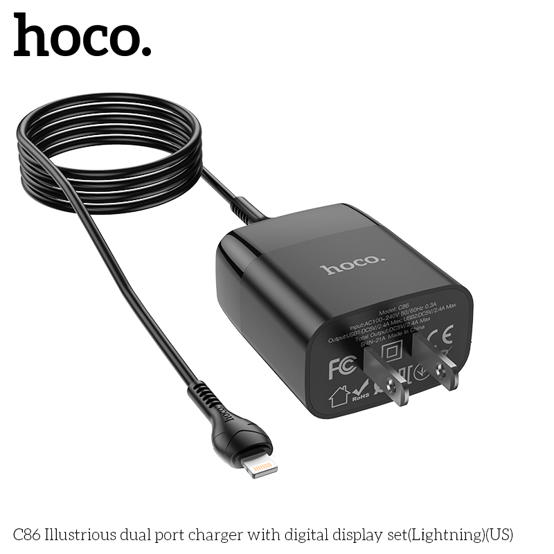 Cóc Sạc Nhanh Hoco C86 2.4A 2 Cổng Usb Màn Hình Led - Hàng Chính Hãng