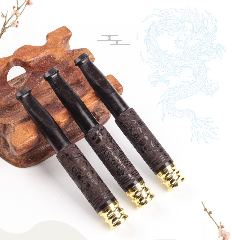 Tẩu thuốc gỗ mun khảm khoa văn siêu đẹp sang trọng cao cấp - tặng kèm 1 dụng cụ vệ sinh tẩu
