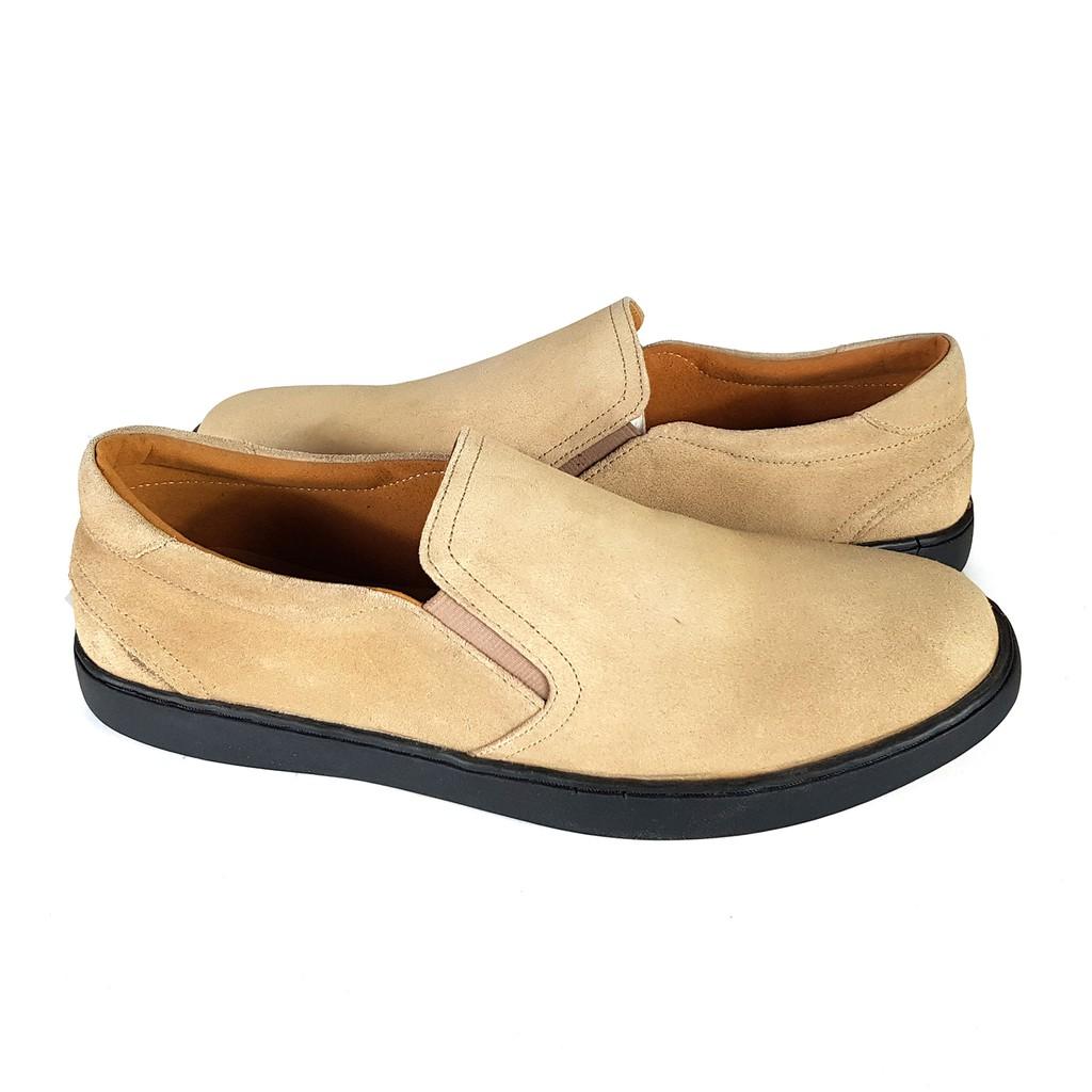 Giày lười giày nam da bò BẢO HÀNH 1 NĂM Giày da lộn nguyên tấm Giày Slip on da bò đế bệt S-22 màu đen và xám