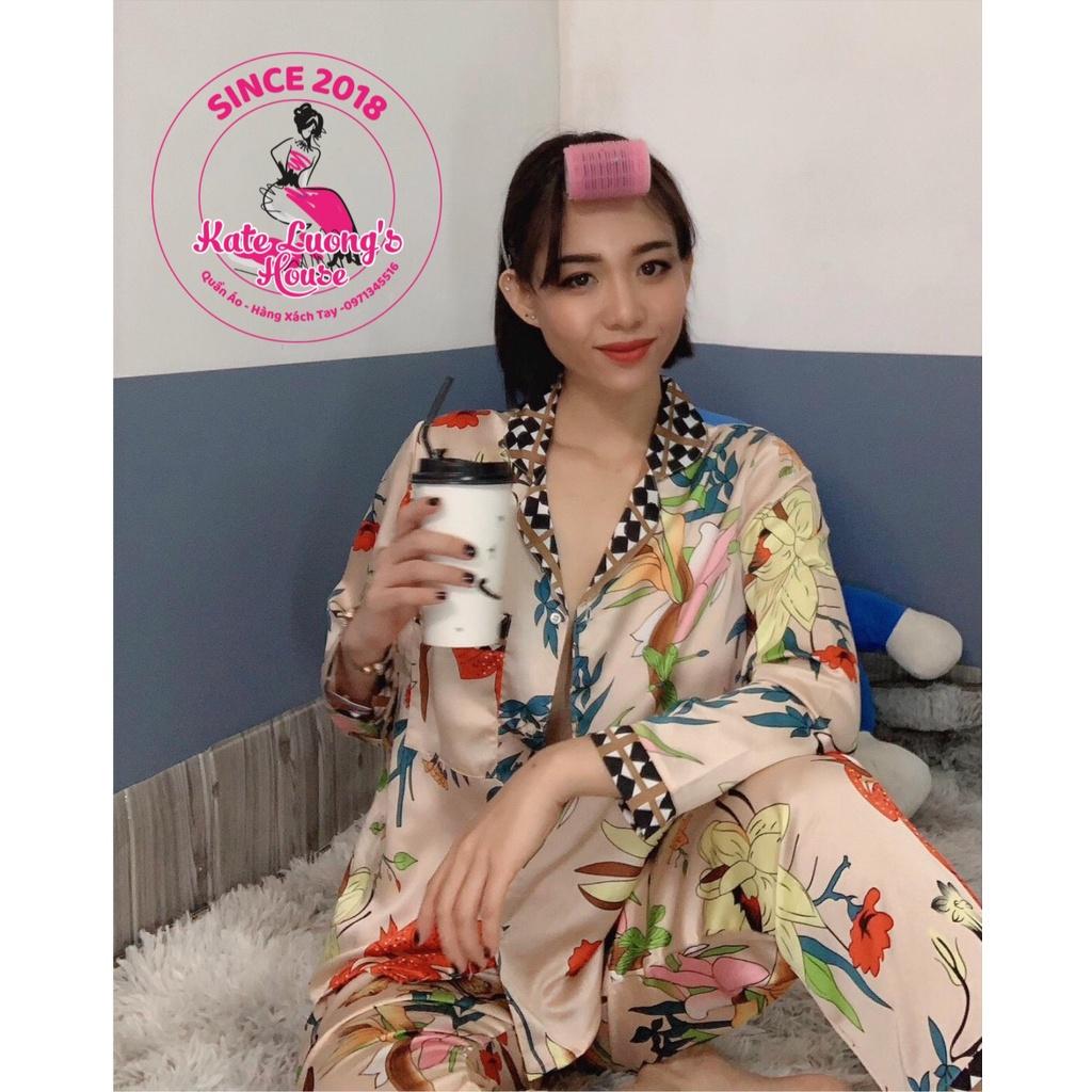 3.14. KLHSTORE2018 Bộ ngủ Pijama satin có 2 túi hoạ tiết hoa hồng NUDE chạy viền cổ sọc