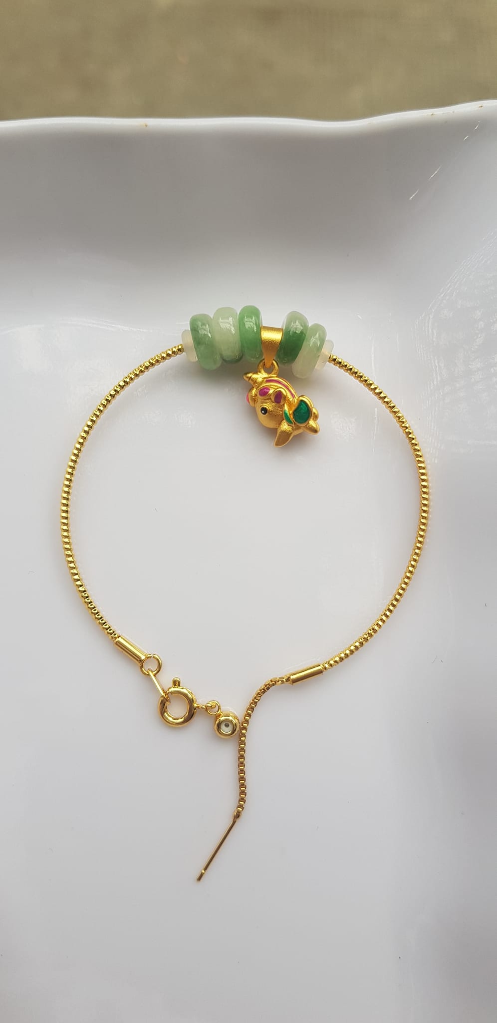 Vòng Tay charm xinh đẹp 5 đồng tiền đá cẩm thạch tự nhiên Đồng tiền Xanh ngọc trắng phối charm chú dê nhỏ may mắn Vòng màu vàng khoen rút xinh Nữ đeo dễ thương ạ