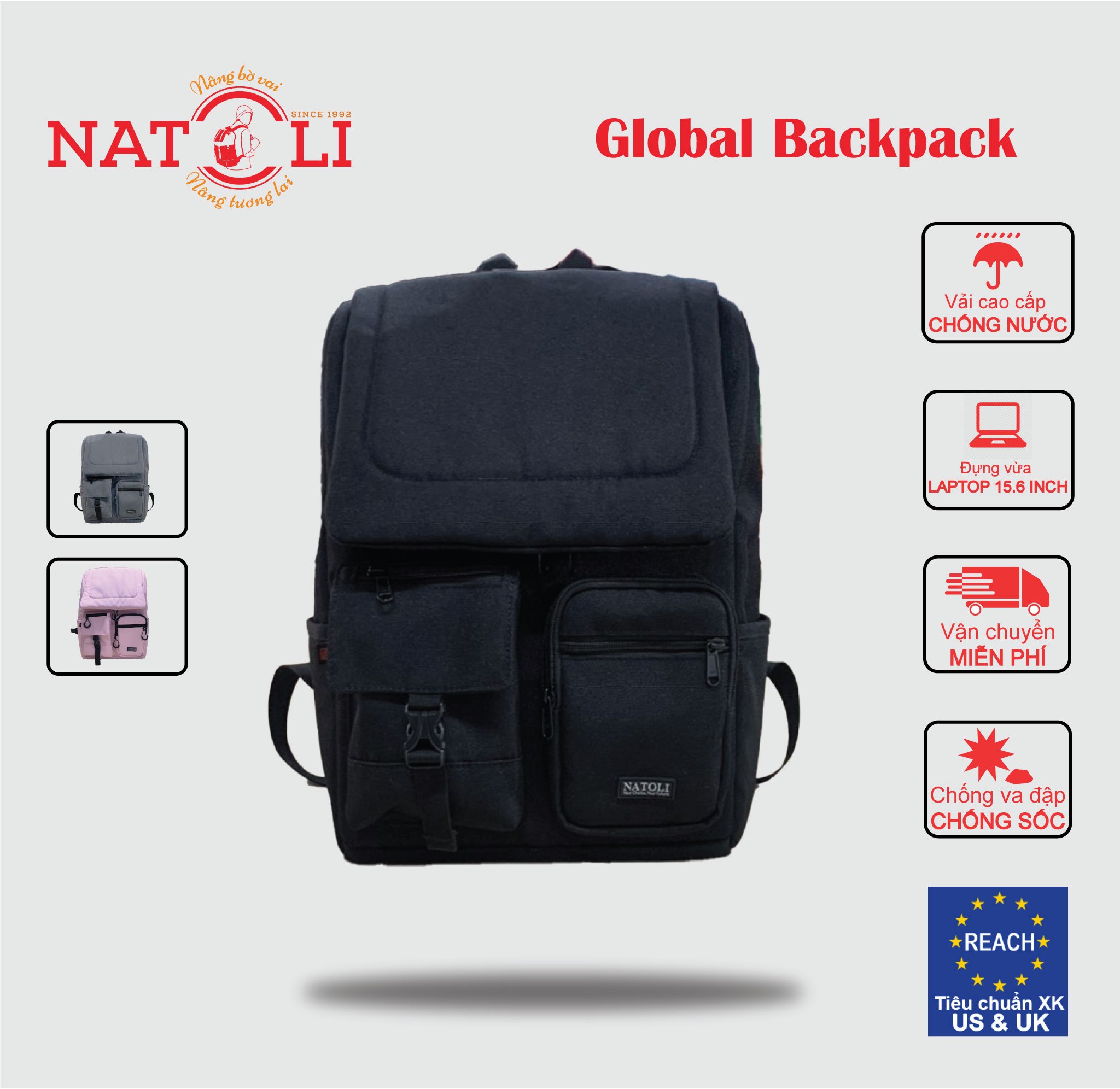 Balo đi học du lịch unisex Global Backpack B8 chính hãng NATOLI chất vải canvas kháng nước nhiều ngăn basic cao cấp