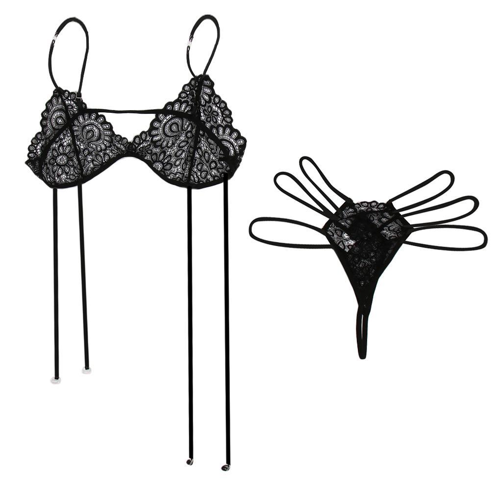 Womens Floral Lace Bandage Bra Top G-string Briefs Bikini Lingerie Nightwear Fancy Sleepwear