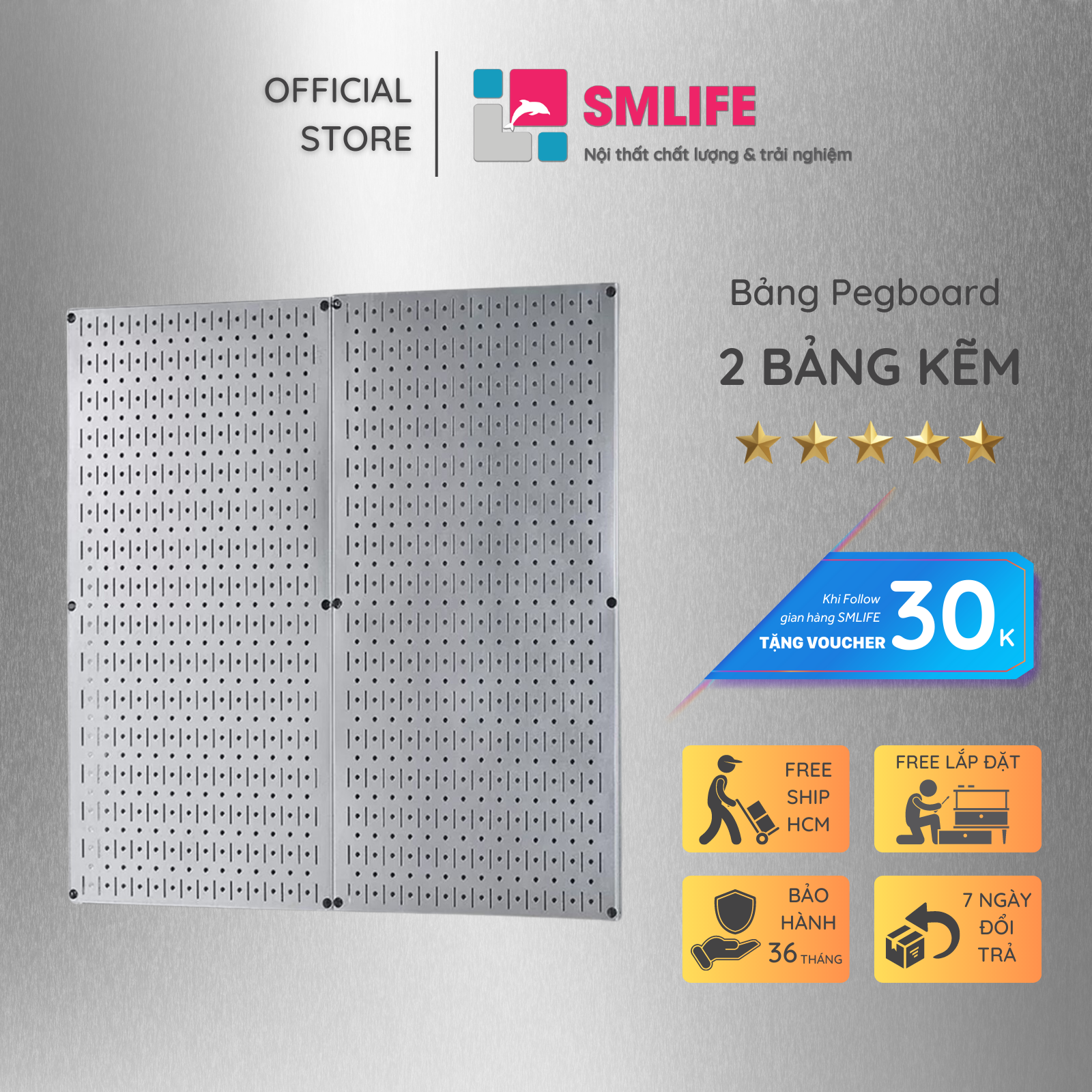 Bộ 2 Bảng treo dụng cụ Pegboard kim loại 80×40cm - Chất liệu kẽm không sơn tĩnh điện - Giúp lưu trữ dụng cụ trực quan, dễ tìm kiếm