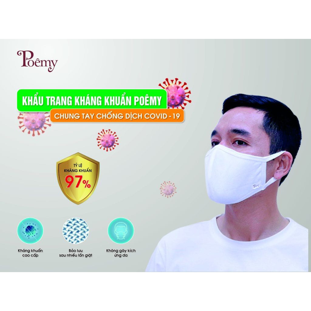 Khẩu trang phổ thông POÊMY 2 lớp kháng khuẩn, đàn hồi tốt, chống bụi bẩn, vi khuẩn, bảo vệ da