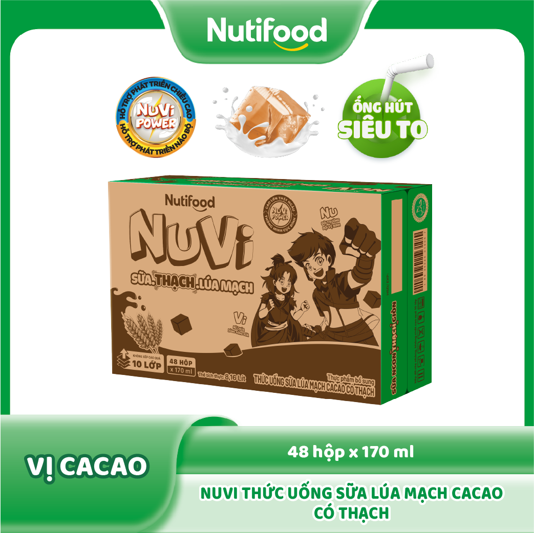 Thùng 48 hộp Sữa Lúa Mạch Cacao Có Thạch Nuvi 170ml - Phát Triển Chiều Cao, Tăng Cường Trí Nhớ