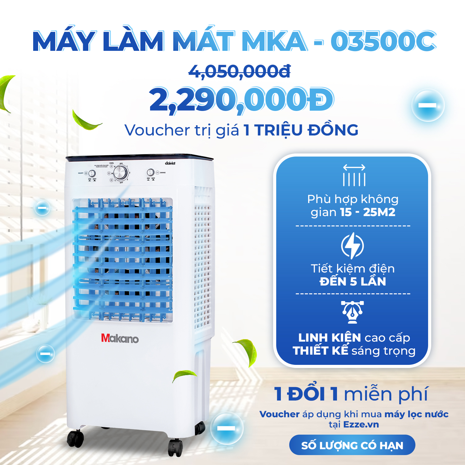 Quạt điều hoà làm mát không khí Makano MKA-03500C Công suất 90W, Lượng gió 3.500 M³/H - Hàng chính hãng