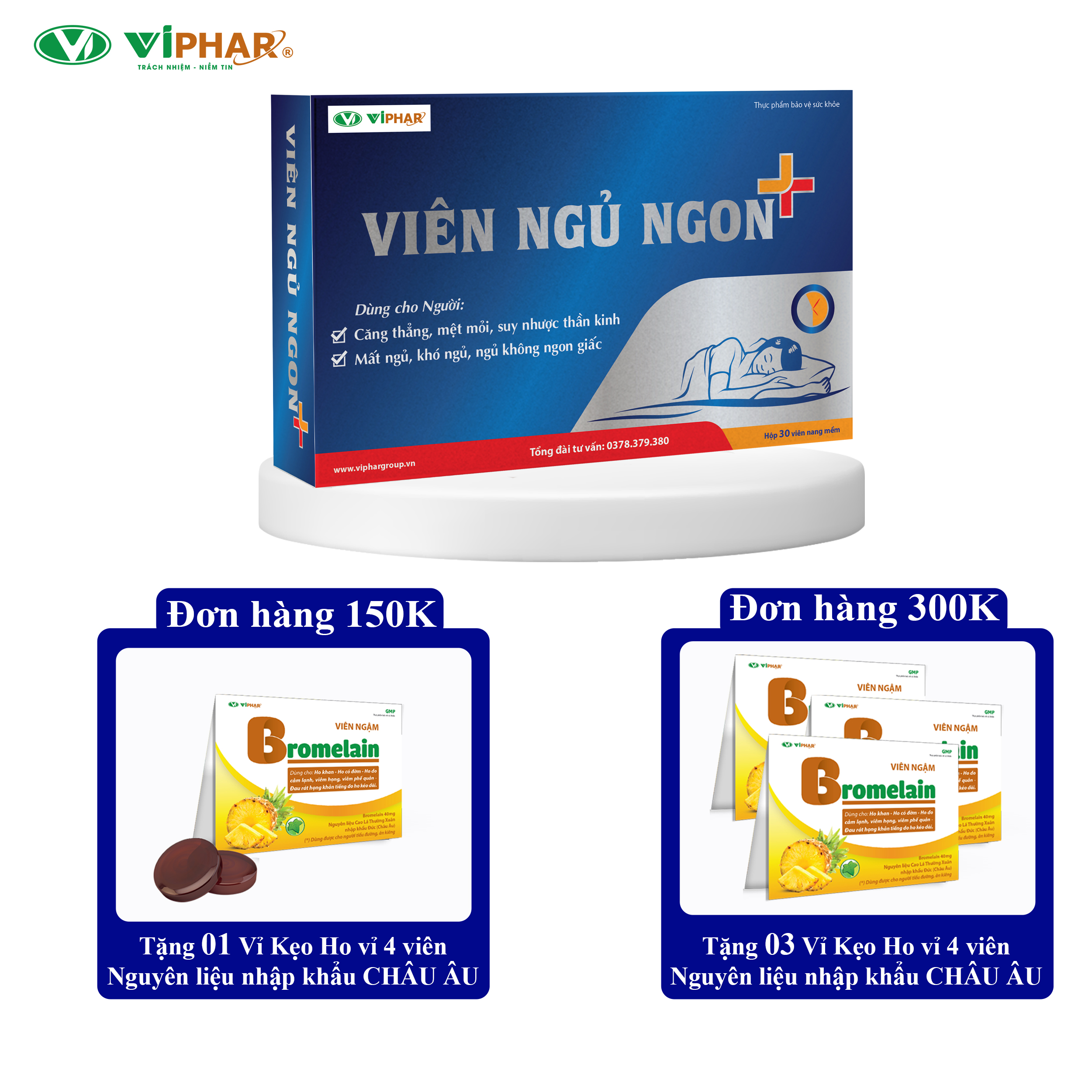 Viên Ngủ Ngon + Đông Trùng Hạ Thảo VIPHAR Hộp 30 Viên Giúp Ngủ Ngon, Ngủ Sâu Giấc, Bồi Bổ Sức Khoẻ