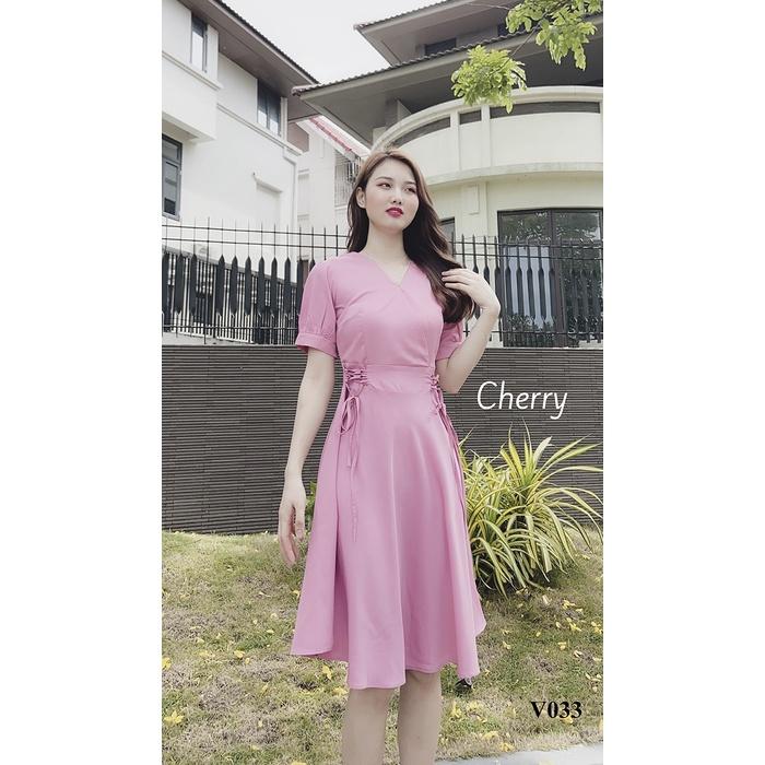 Đầm nữ công sở thiết kế chân váy dáng xòe Cherry váy nữ cổ tim ngắn tay thiết kế buộc eo đẹp đơn giản Cherry V033