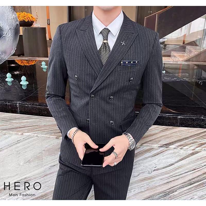 Bộ Vest Nam Hàn Quốc Kẻ Sọc Màu Ghi, Suit Nam 1 Cúc, 6 Cúc Màu ghi, Chất Vải Sịn